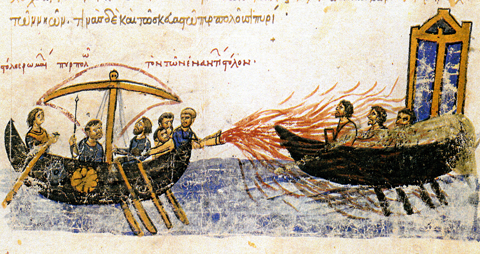 Image from an illuminated manuscript, the Madrid Skylitzes, showing Greek fire in use [Source: wikipedia.org]