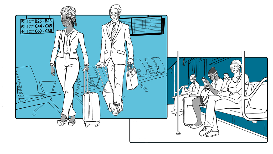 A graphic of people wearing face coverings in public transit areas.