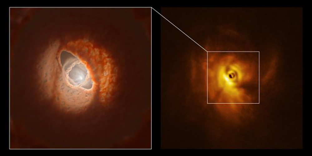 GW Orionis, a triple star system with a peculiar inner region.