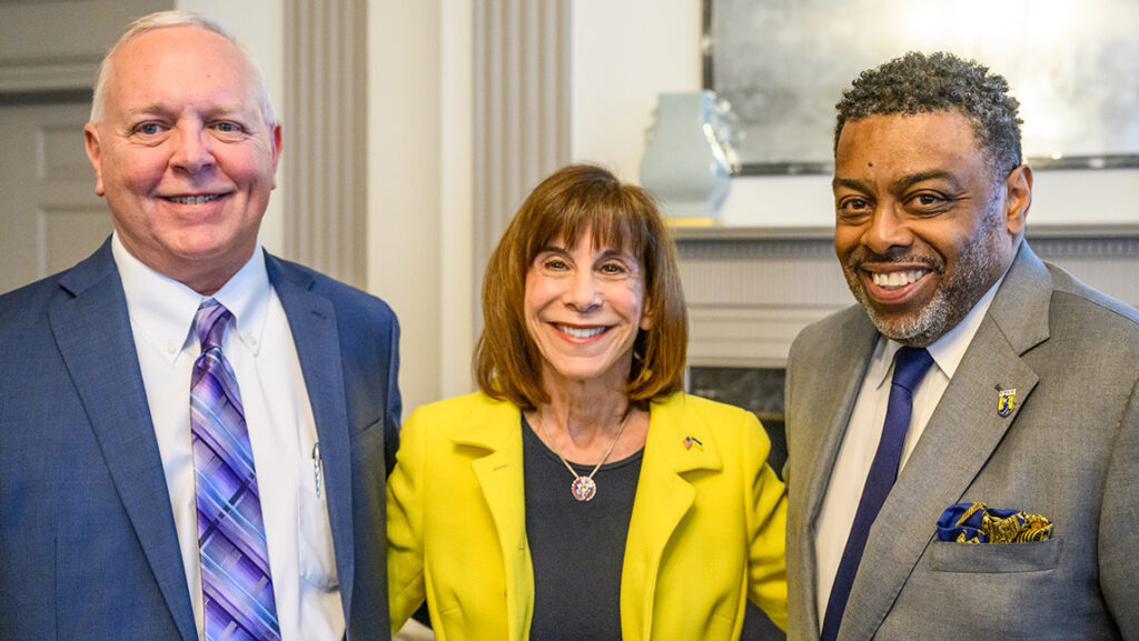 Congresswoman Kathy Manning, Chancellor Gilliam and Steve Lingerfelt in the Oakley Family Room at the Alumni House