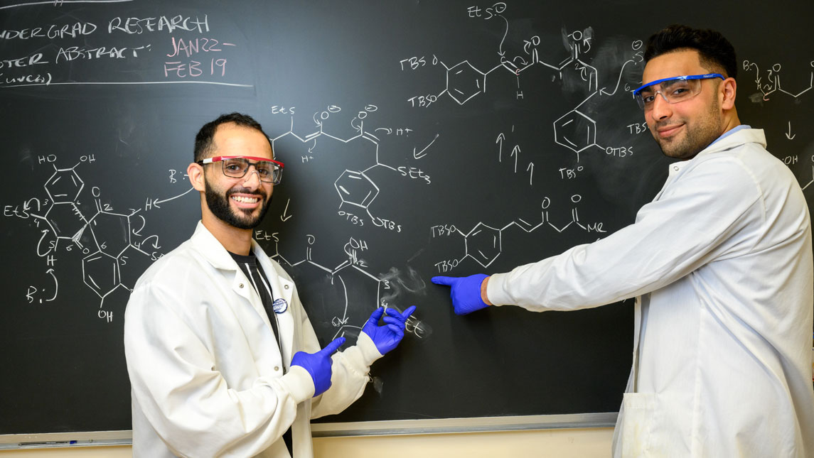 Students David Tanas and Abraham Ustoyev stand in front of a blackboard covered in molecule illustrations.