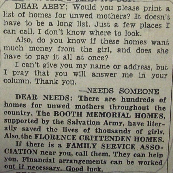 An old Dear Abby column requesting info on homes for unwed mothers.