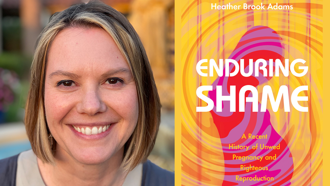 A portrait of Dr. Heather Adams, along with the cover of her new book.