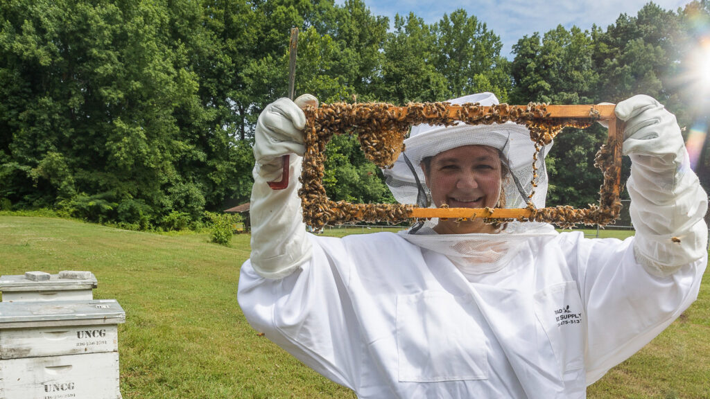 Woman in beekeeper suit examines a cluster of bees outside