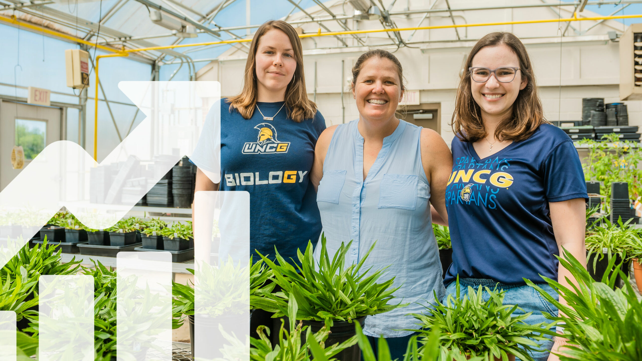 Photo by Jiyoung Park: Sally Koerner and her students in the Northridge Greenhouse