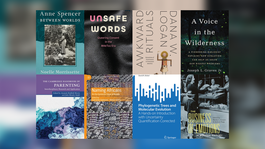 Collage of eight covers of books written by UNCG professors