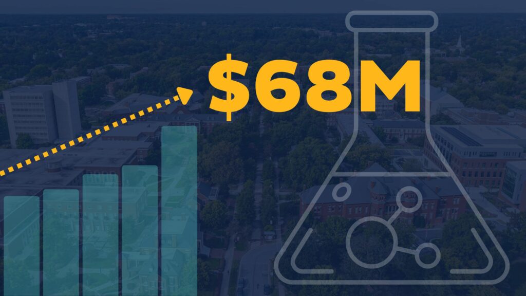 Graph with yellow arrow moving diagonally towards top right to letters that say $68M" on top of a flask