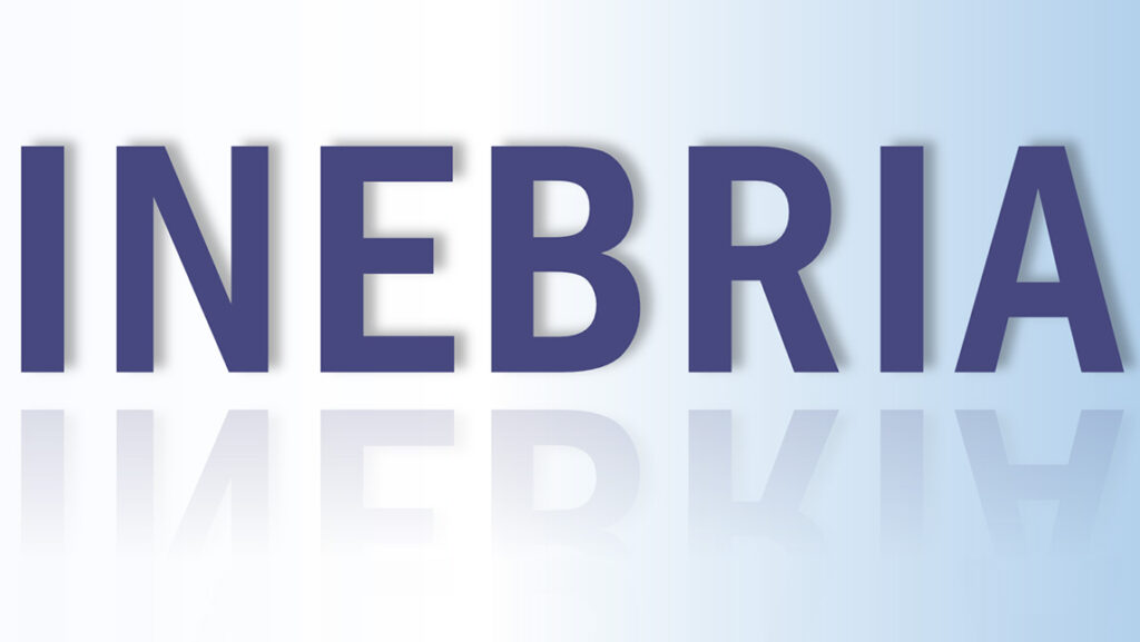 Pale white to blue ombre background with purple-blue words saying "Inebria" in large font