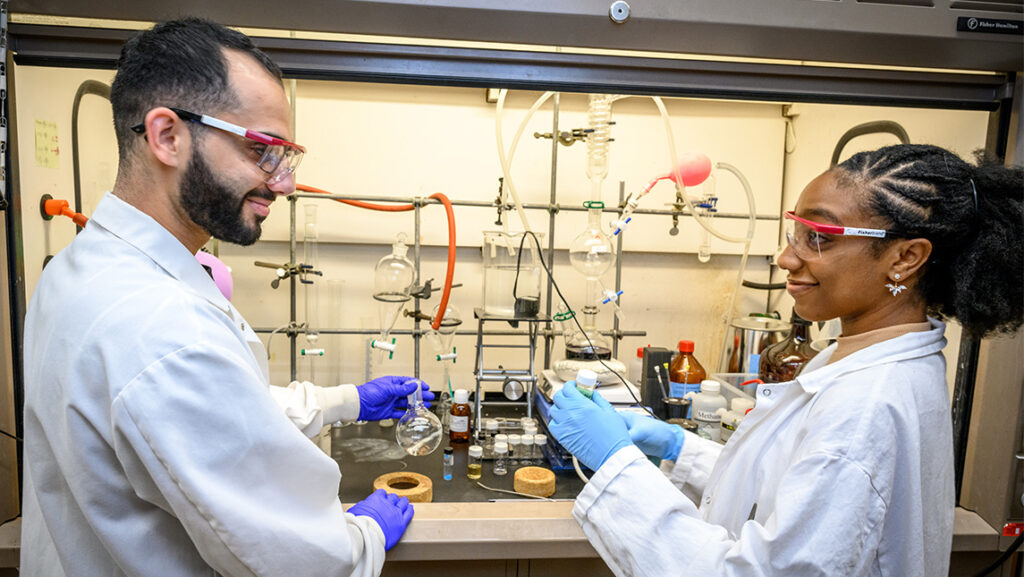 Researchers working on chemistry project in UNCG lab for the Rise Network