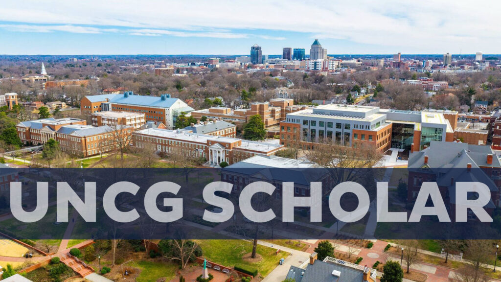 Words "UNCG Scholar" on top of aerial view of campus