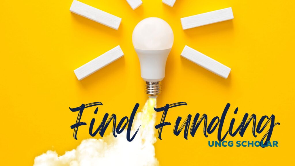 Yellow background with white light bulb that says "find funding"