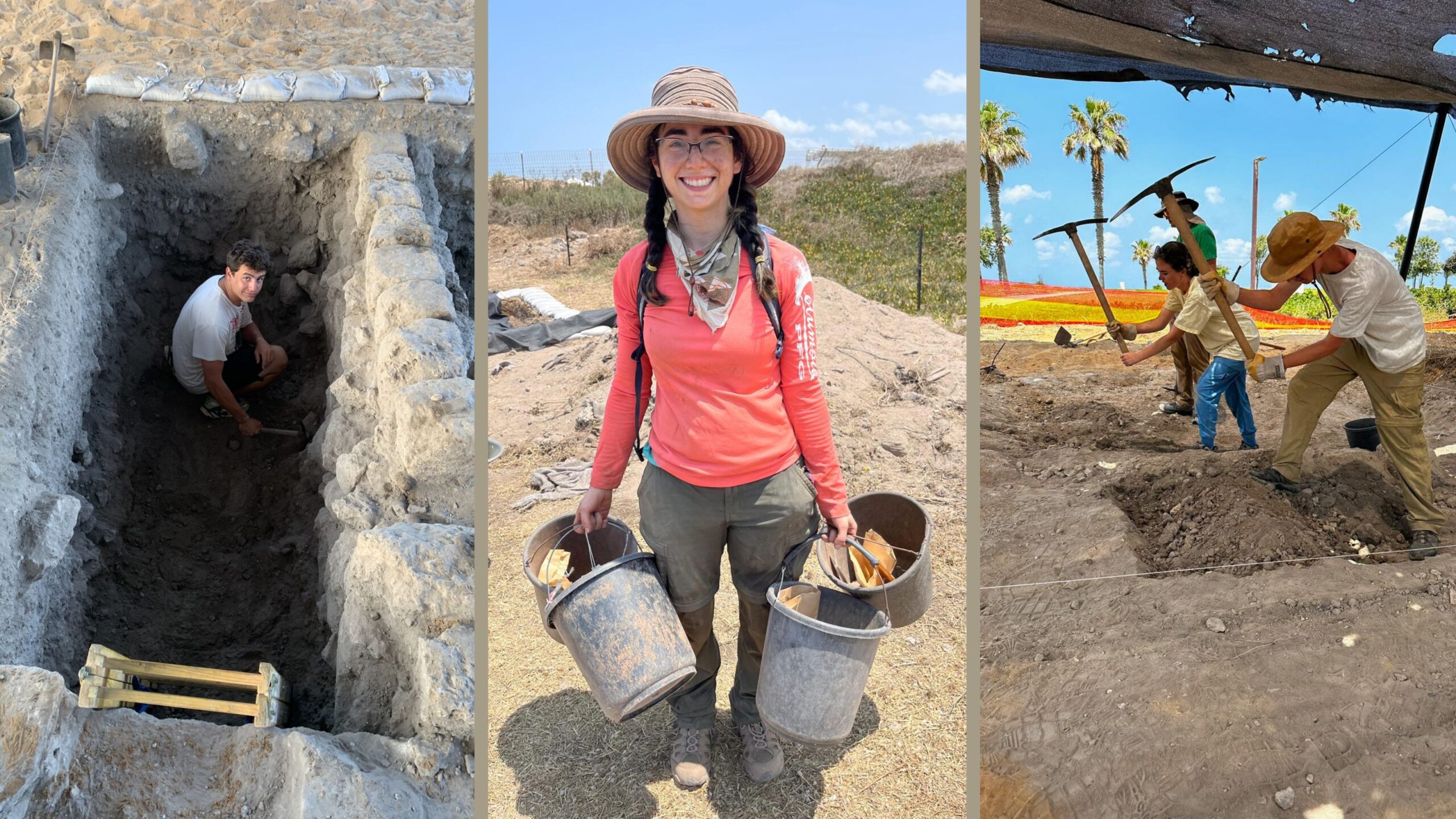 A man in a hole at a dig site, a woman holding several dirty buckets, and three people using pickaxes to break dirt