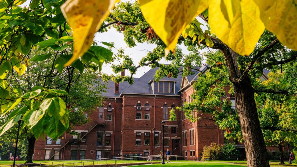 Back of UNCG's Curry Building in fall