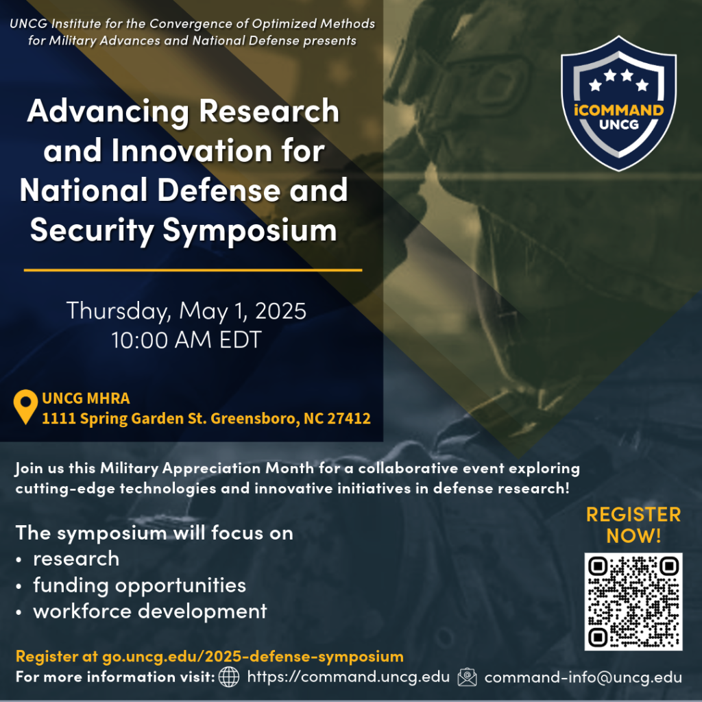 Join us this Military Appreciation Month for a collaborative event exploring cutting-edge technologies and innovative initiatives in defense research!  
The symposium will focus on: <ul>
<li>research</li>
<li>funding opportunities</li>
<li>workforce development</li>
</ul>
