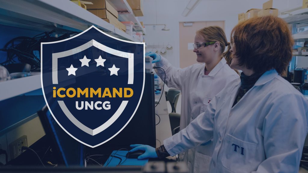 UNCG iCOMMAND logo on top of a picture of Dr. Tetyana Ignatova working with a student in the lab