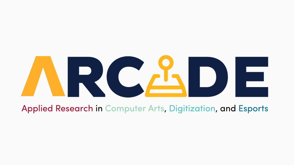 Logo for the ARCADE initiative featuring the word 'ARCADE' with the letters stylized in yellow and navy blue, including a joystick icon integrated into the letter A, along with the tagline 'Applied Research in Computer Arts, Digitization, and Esports.